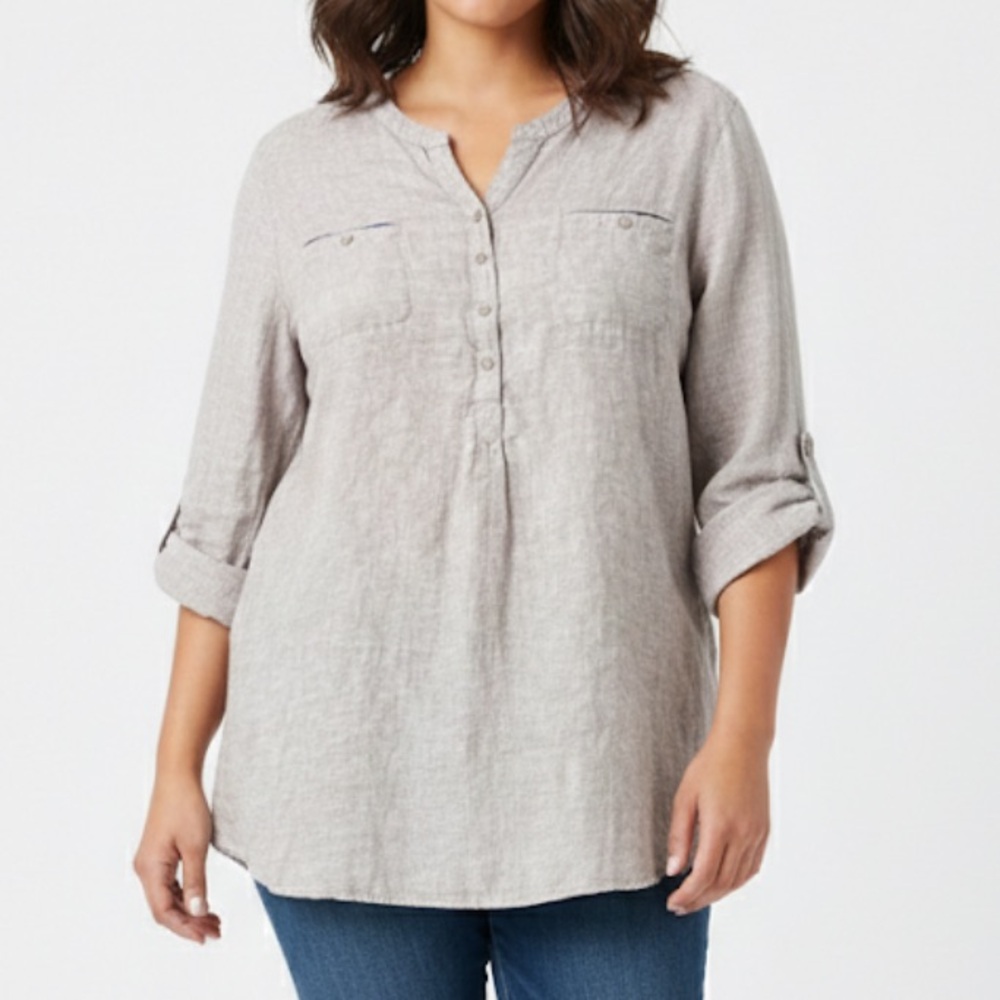 M&S COLLECTION Pure Linen Popover Blouse Taupe Long Sleeve Roll Tab Size 18